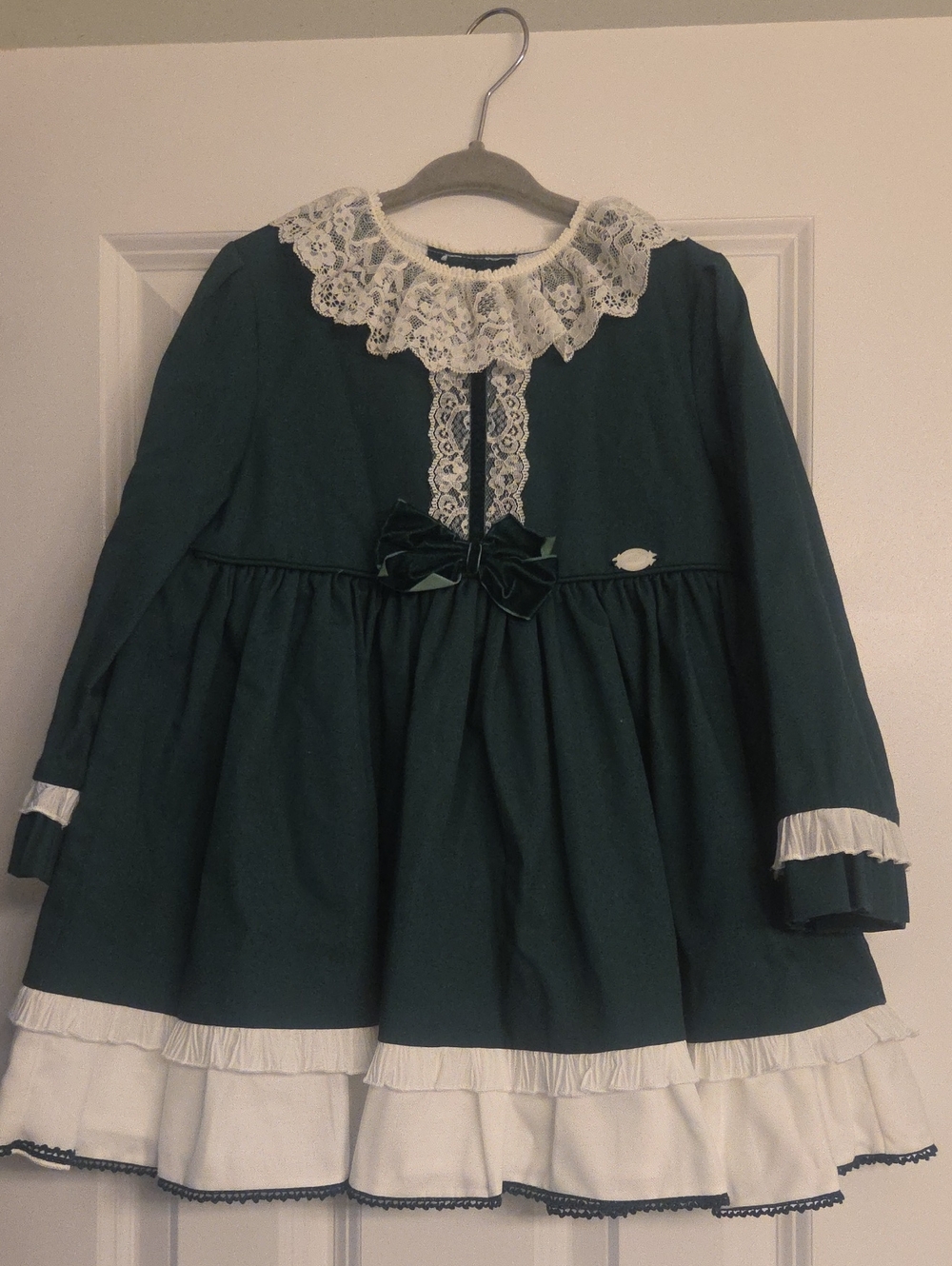 Girls Dark Green Lace Collar Dress with White Trim